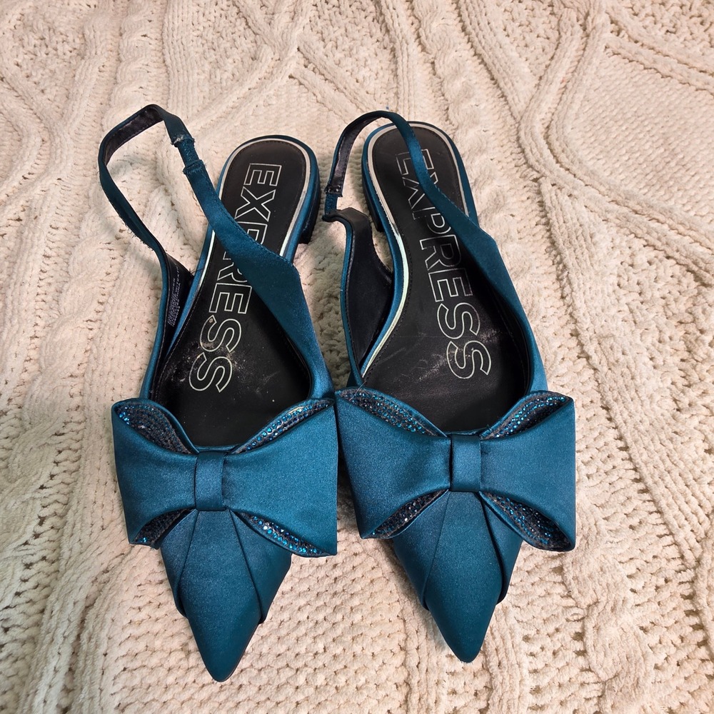 Express Slingback Flats Deep Teal Blue Satin Bow Rhinestone Womens 9 Excellent